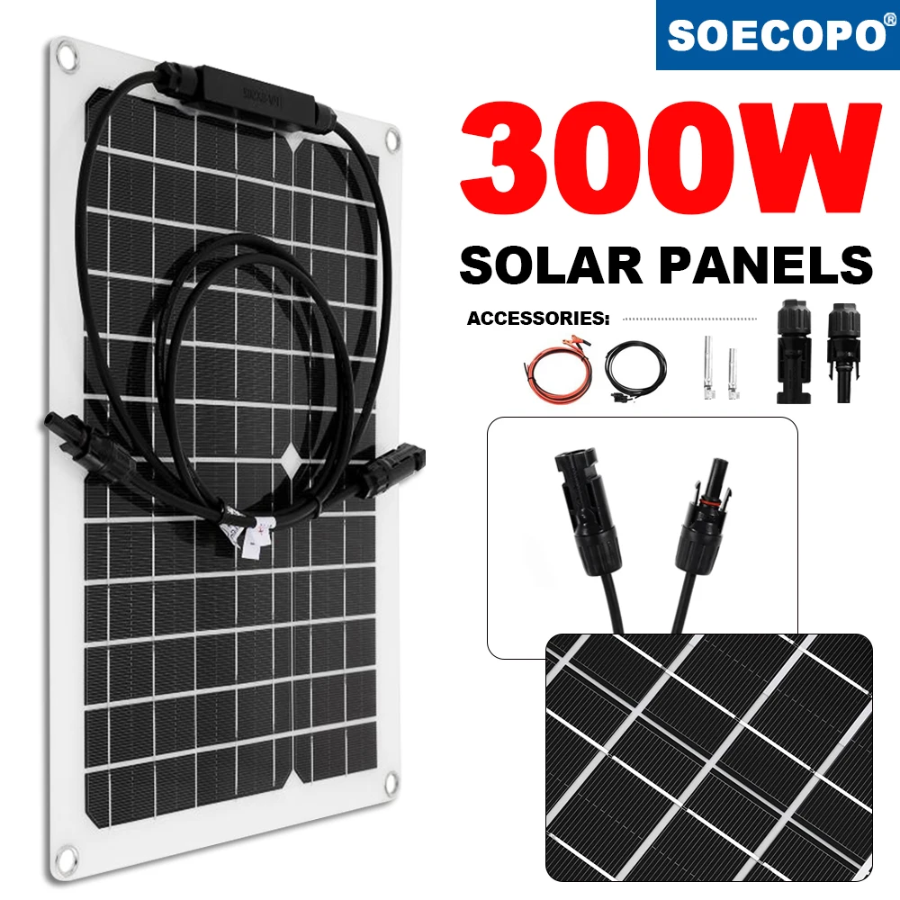 300W 18V Solar Panel MC4 Connector 12V Battery Charger for Car Boat RV Camping Outdoor Off-Grid Portable Power Supply