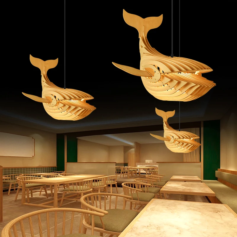 Creative Personality Restaurant Chandelier Wooden Art Whale Modeling Light Log Wind Art Homestay Living Room Lighting