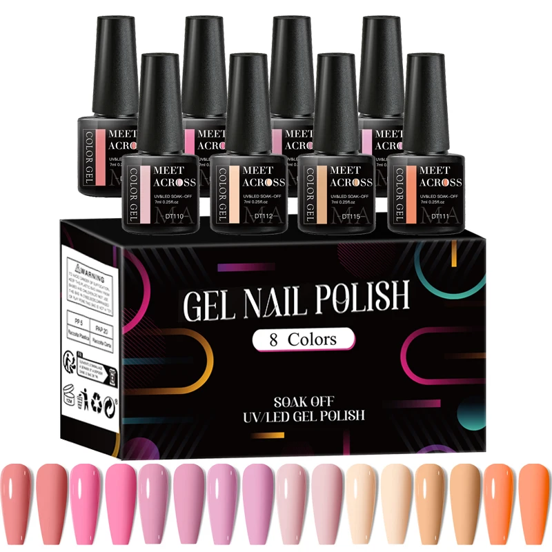 MEET ACROSS 8pcs Gel Nail Polish Set Nude Pink Nail Art Soak Off UV LED Gel Polish Kit For Home Salon Manicure DIY Varnishes