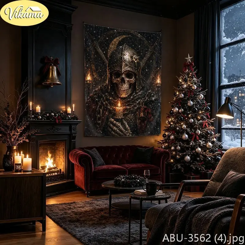 VIKAMA Dark Skeletal Monk Yuletide Star Procession Wall Tapestry Noir Victorian Religious Festive Room Home Decor Trendy Art