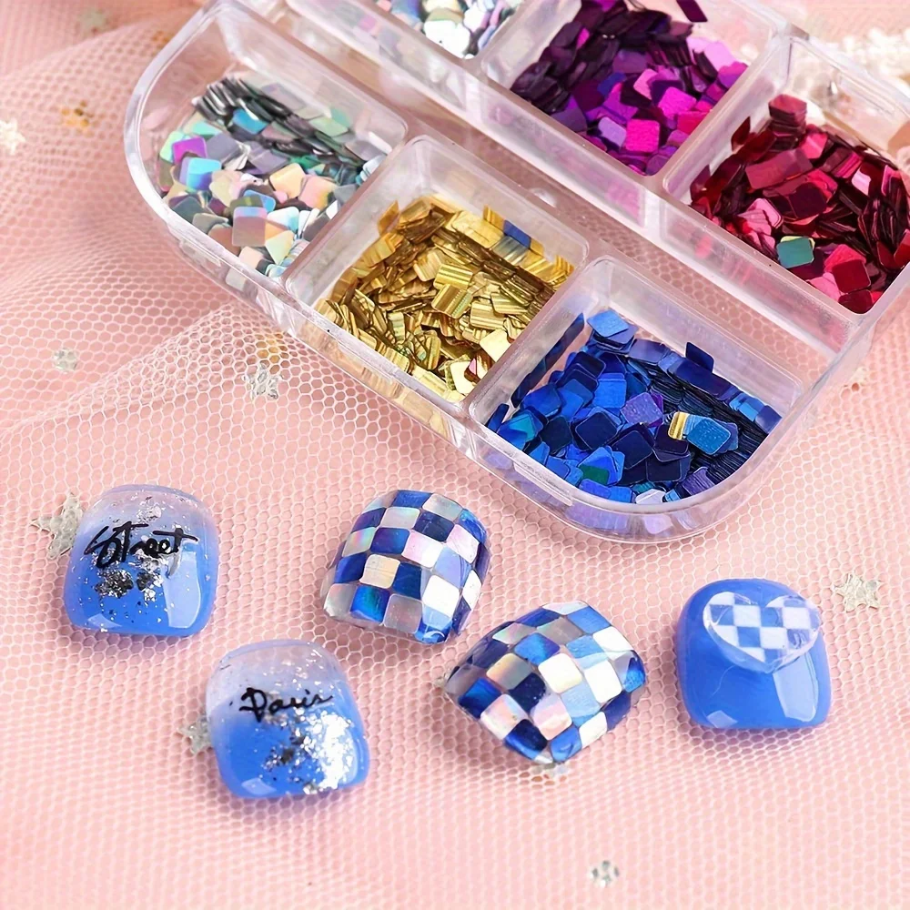 12 Grids Square Nails Glitter Sequin Holographic Nail Chips Shiny Rainbow Laser Mix New Year Sequins Valentine's Day Sequins