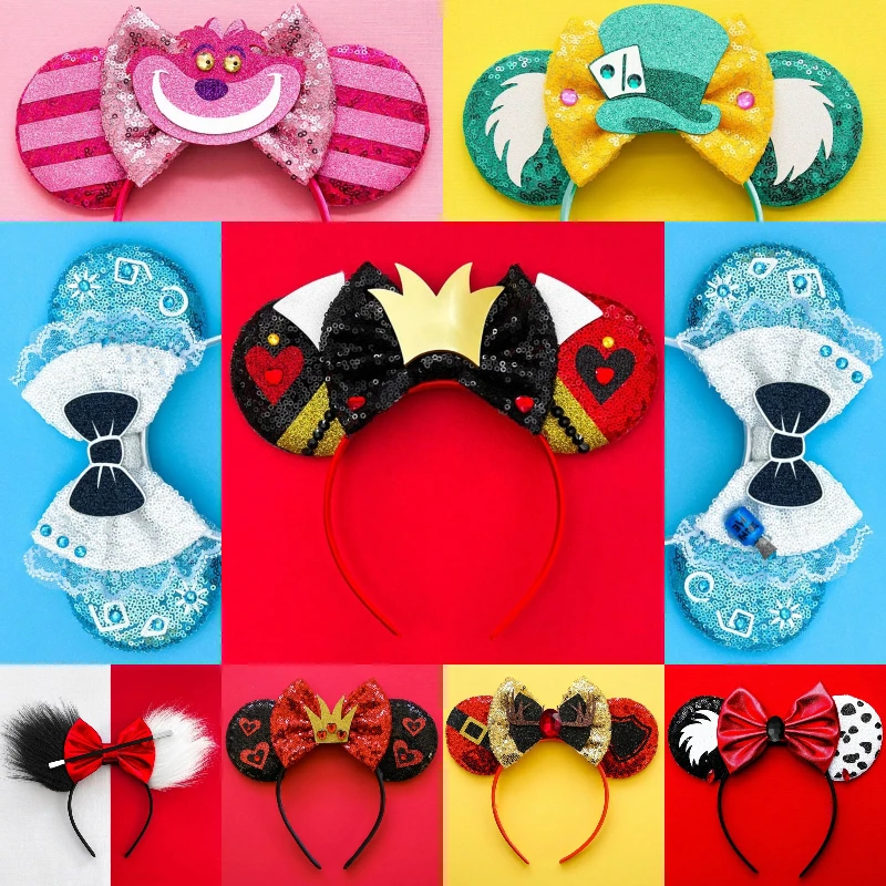 Disney The Red Queen Ears Sequins Bow Headbands Women Mad Hatter Hairbands Girl Cheshire Cat Hair Accessories Kids Headwear Gift