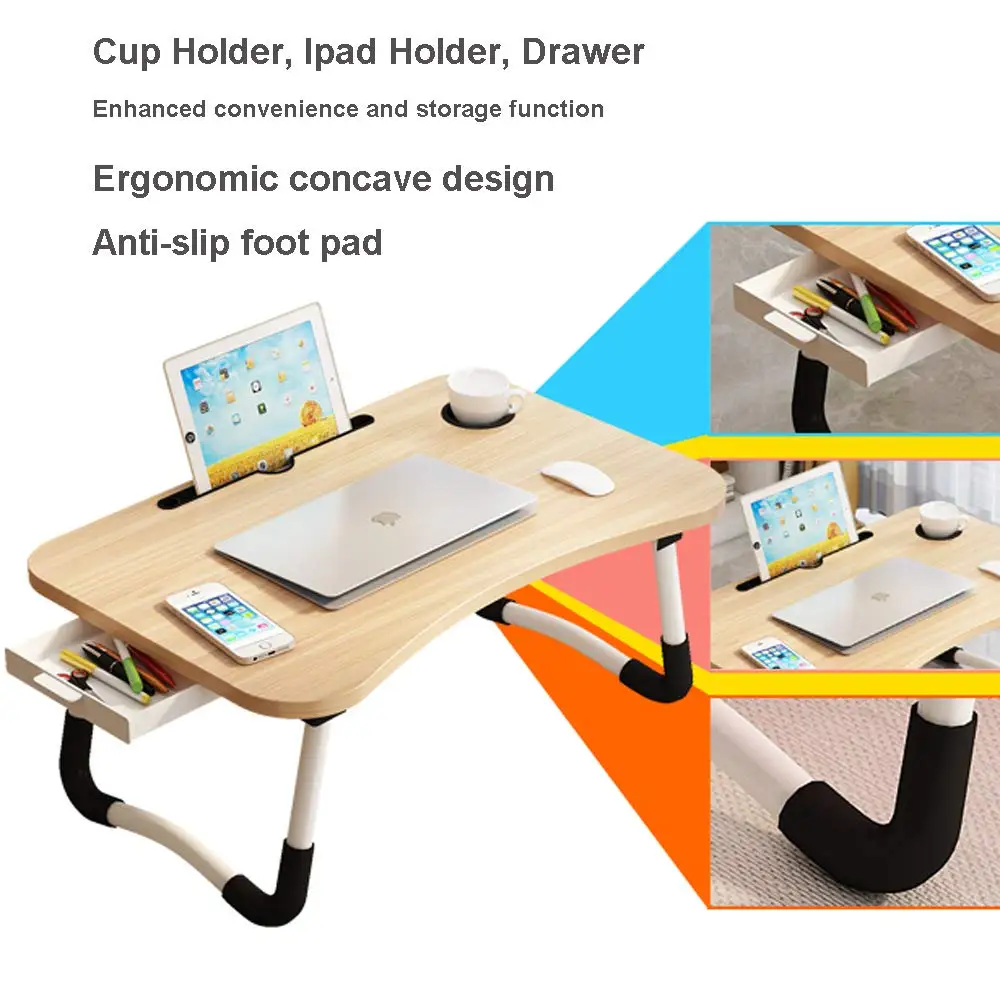 Multifunction Lap Desk with Storage Drawer & Cup Holder, 23" Walnut Laptop Tray for Sofa, Bed or Floor - Foldable & Adjustable