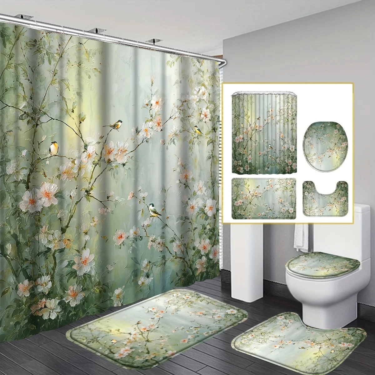 

Set of 4 Stunning Shower Curtains Featuring Spring Flowers And Songbirds, Natural Design Bathroom Curtain Set with 12 Hooks, Inc