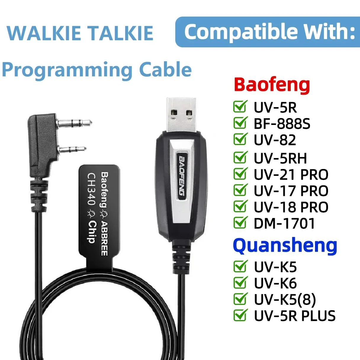 UV-5R BF-888S 5RH UV-21 PRO Quansheng UV-K5 UV-K6 워키 토키 용 드라이버 CD가 포함 된 기존 Baofeng USB 프로그래밍 케이블