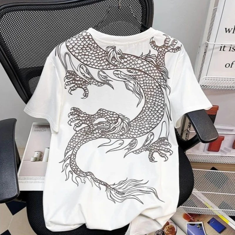 Korean Style Men's Slim Fit Tee with Edgy Over Shoulder Dragon Design for Handsome Streetwear Style