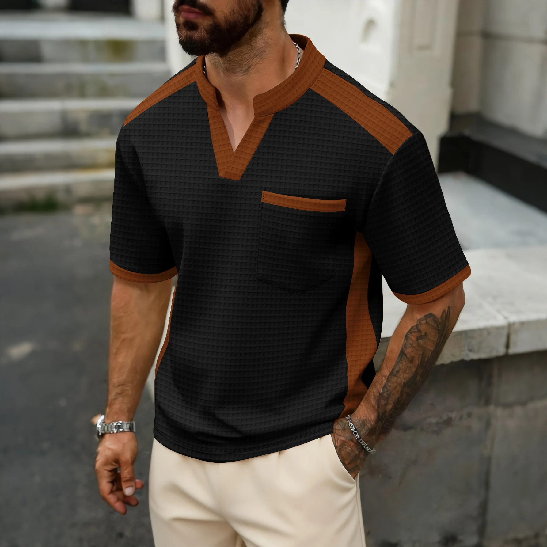 

Hot Sale Men's Casual Waffle T-Shirt V Leisure Neck Color Block Short Sleeve Henley Shirt Breathable Summer Tops For Daily Wear