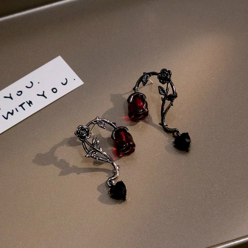 Gothic Red Rose Blossom Earrings Women Punk Halloween Jewellery Creativity Fashion Gorgeous Statement Jewelry Girl Gifts
