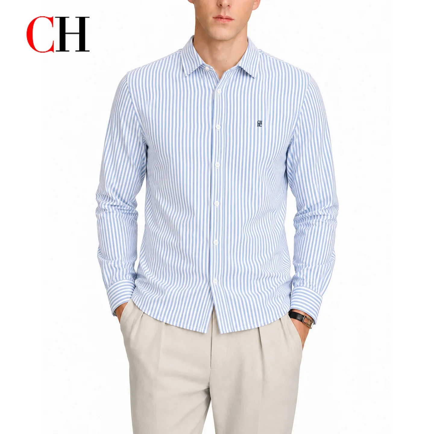 CH Mens Button Collar Dark Tiny Logo Embroidery Curved Hem Long Sleeve Shirt Office Formal Daily Top