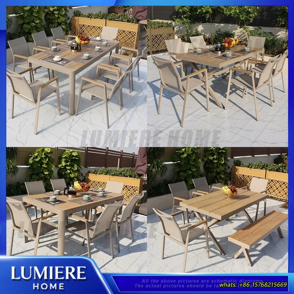 

Outdoor Waterproof Rattan Dining Set Garden Patio Furniture WPC Long Table BBQ Table Anti Corrosion Terrace Table for Balcony
