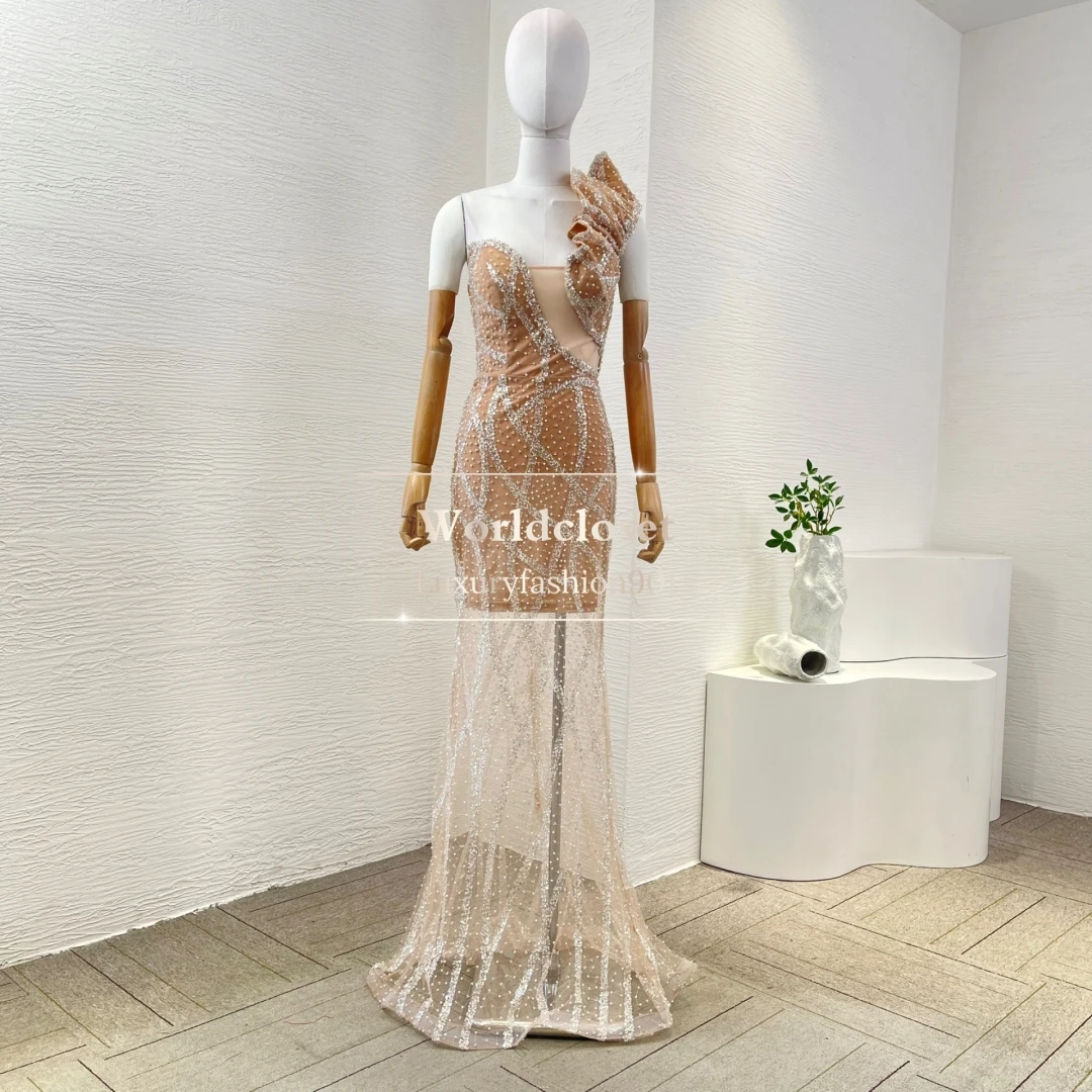 

2025 Photo Colors Sleeveless Beading Sequins Slanted Shoulder Lace Patchwork Maxi Dress