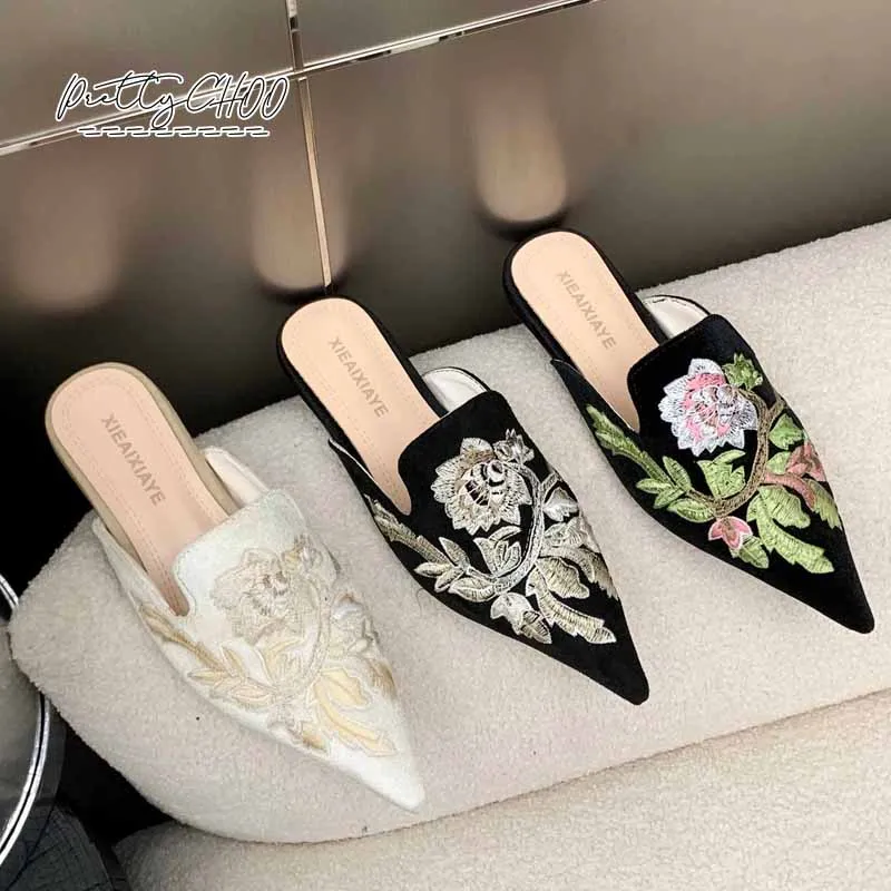 Luxury Embroidery Velvet Mules Woman Elegant Pointed Toe Flower Velour Slide Sandals Ladies Evening Vintage Slip-on Flat Shoes