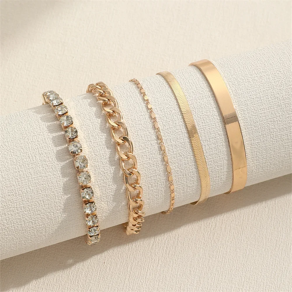 5pcs/Set Vintage Gold /Silver Color Simple Design Multielement Crystal Bracelets Set for Women  Adjustable Bangle Jewelry GIft