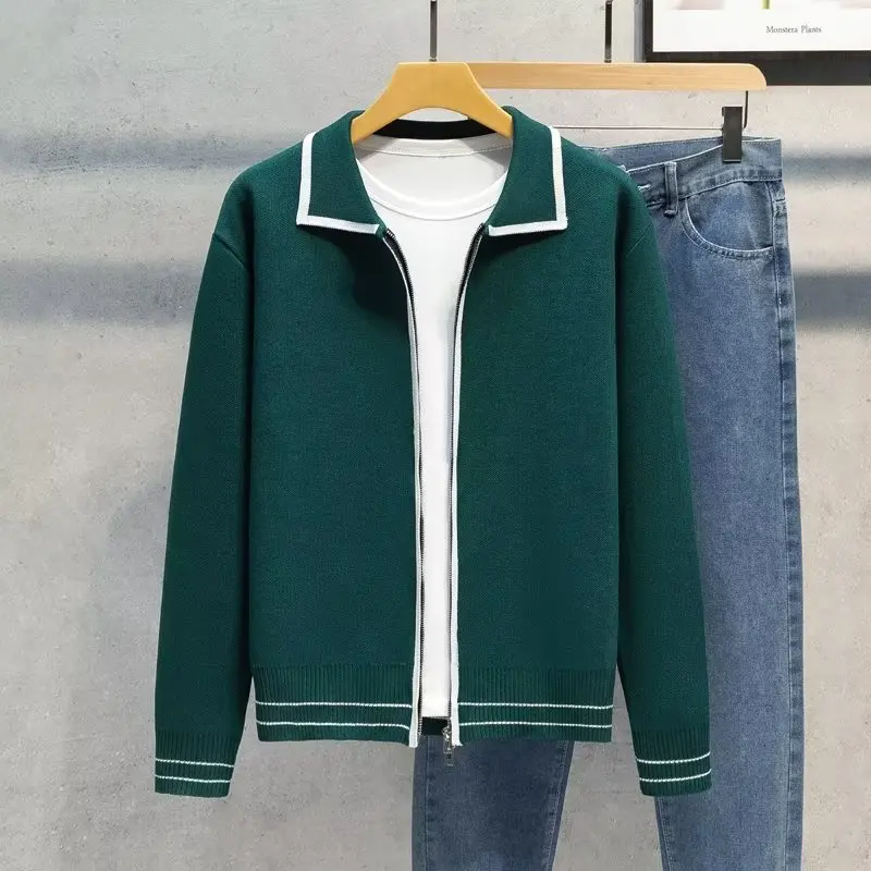 

Japanese Sle Light Maturi Flip Collar Open Cardigan Sweater Men's Autumn Winter High Design Dual Zipper Casual Knitted irt