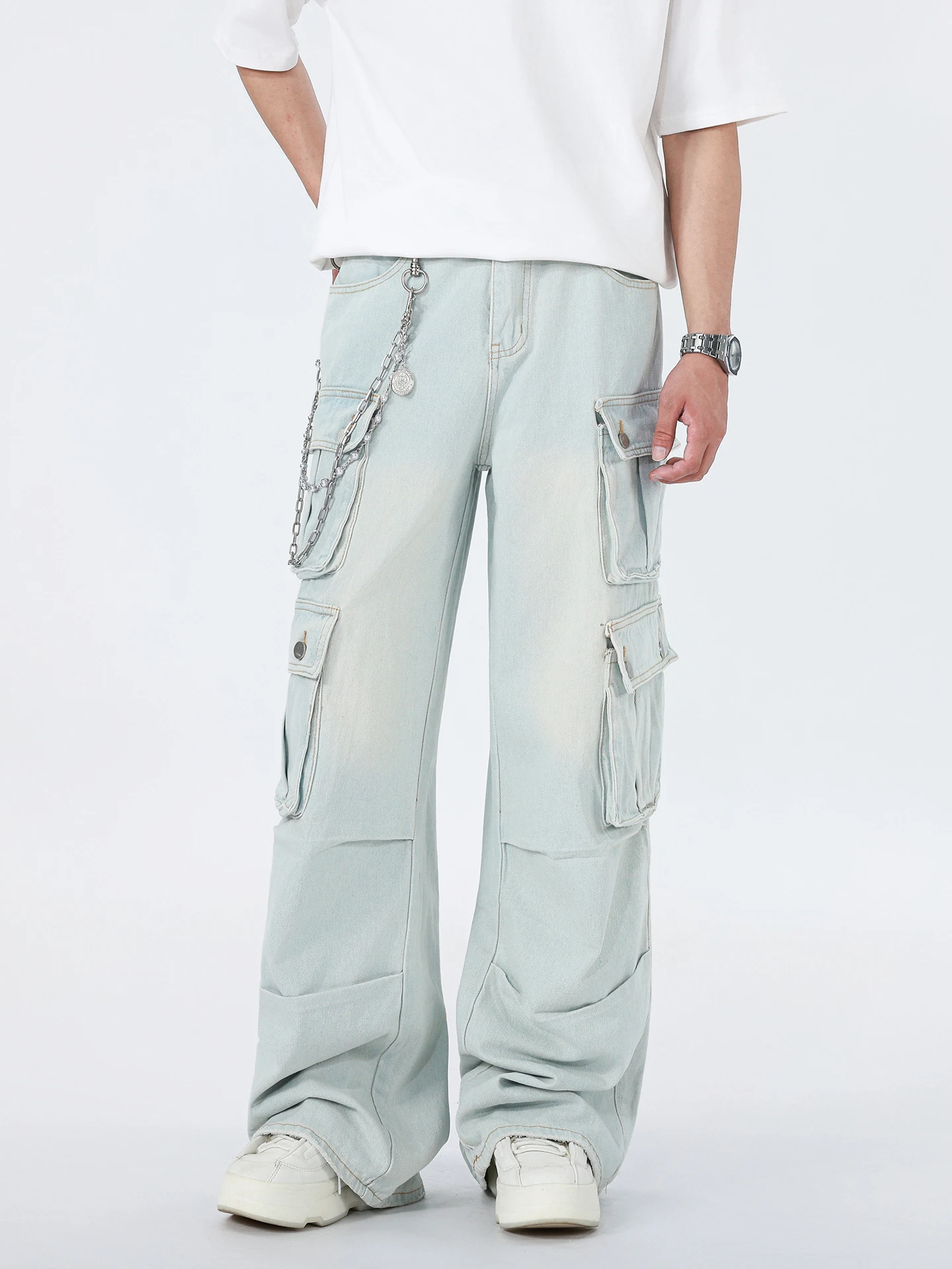 

Oversize American Retro Men's Denim Workwear Pants Multiple Pockets Loose Design Wide Leg Trendy Blue Jeans Casual Style