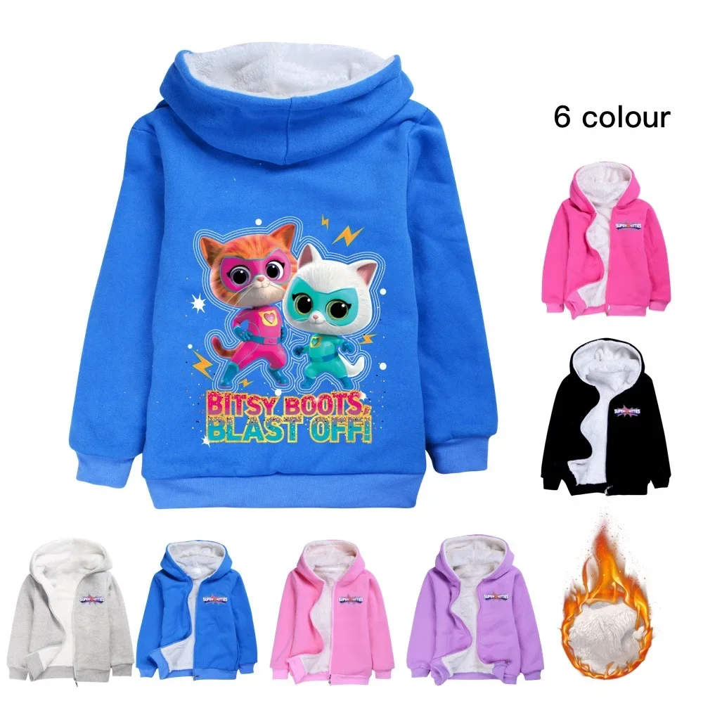 Super Kitties Fleece Jacket Boy Hoodie Children's Clothing Girl Hooded Warm Jacket Zipper Windbreaker Baby Children Jacket