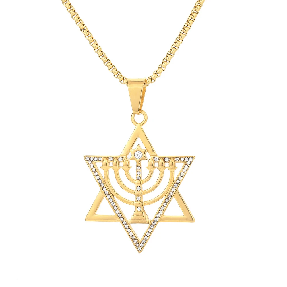 

Religious Iced Out Candlestick Star of David Pendant Gold Color Stainless Steel Hexagram Necklace for Women Men Jewish Jewelry