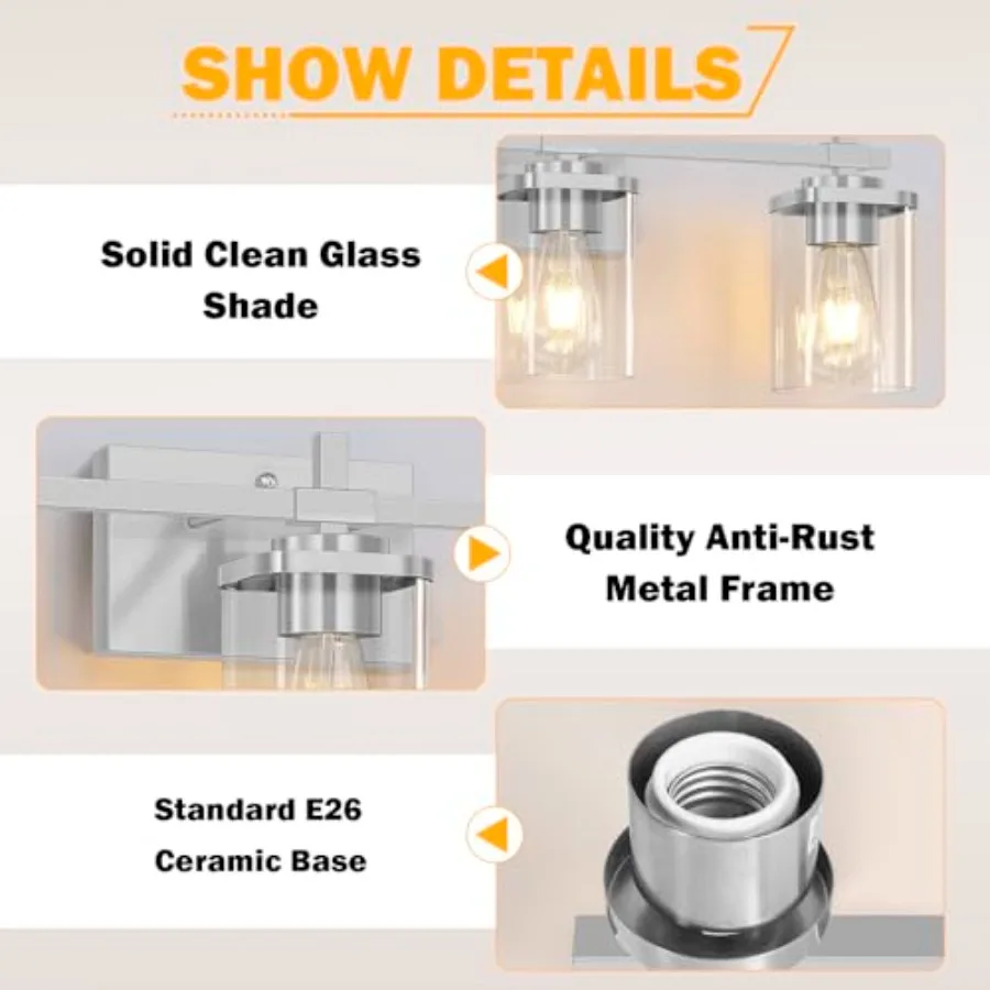 Brushed Nickel Bathroom Light Fixtures, Bathroom Vanity Light with Glass Shades, Modern Vanity Lights for Mirror, Wall Lights f view 4