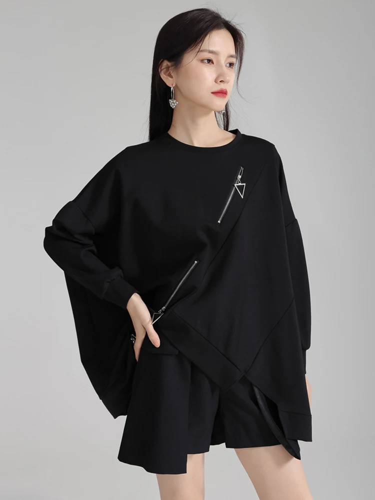 [EAM] Black Irregular Hem Zipper Sweatshirt New Round Neck Long Sleeve Women Big Size Fashion Tide Spring Autumn 2023 1DH4308