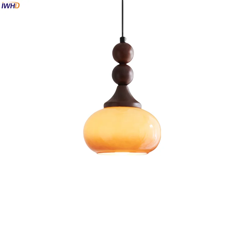 

IWHD Gradient Glass LED Pendant Lamps Living Room Decoration Bedroom Kitchen Loft French Vintage Wood Hanging Light Luminaire