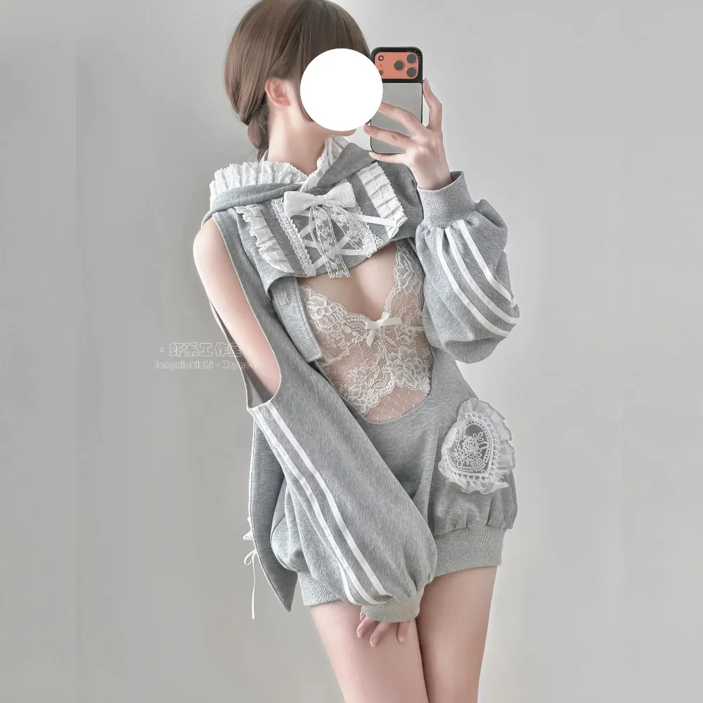 Original Gray Rabbit Sportswear Cosplay Set - Cute Japanese Lace Gymnastics Bodysuit with Detachable Hoodie Anime Jumpsuit view 2