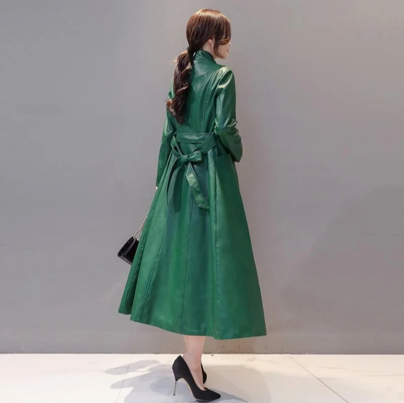 Nuevo gabardina de cuero para mujer, moda informal, cuello redondo, botonadura única, Tops ajustados de PU, abrigo largo, prendas de vestir exteriores, Coa de cuero