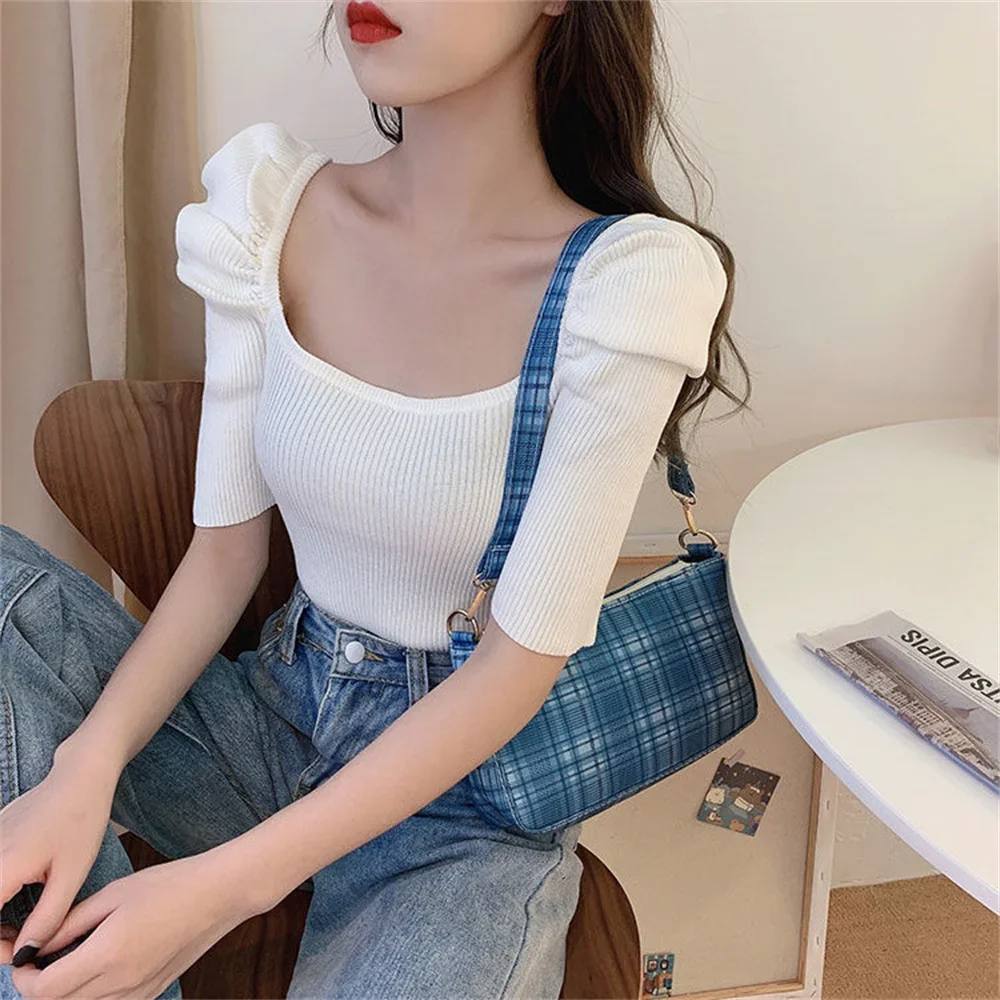 Jersey de punto con cuello cuadrado y manga corta abombada para mujer, Jersey de punto Teengirl, camisetas, prendas de vestir básicas para primavera y verano