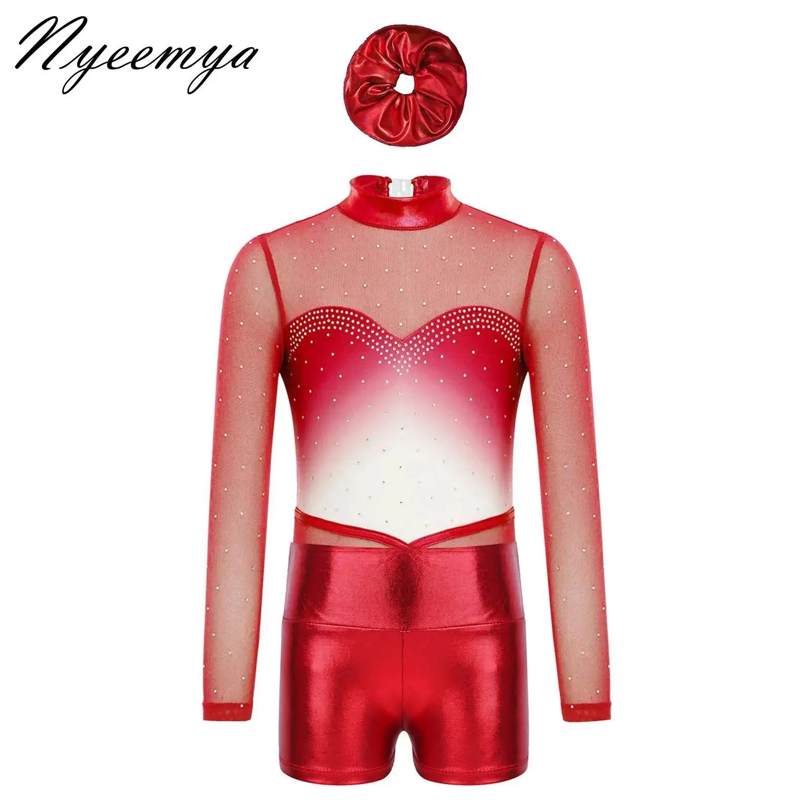 

Big Girls Ballet Dance Jersey Gymnastics Sets Rhinestones Gradient Leotard with Shorts Hairband Athletic Unitard Biketard Outfit