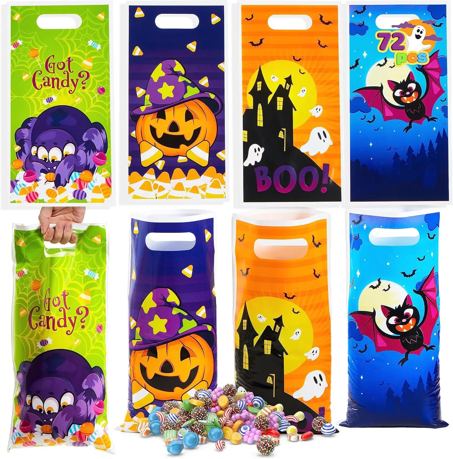 72 PCS Halloween Trick or Treat Bags Halloween Goodie Candy Bags Goody Gift Bag, 4 Designs Plastic Snack Bag Bulk for Kids Trick or Treating, Classroom Party Favors, Event Party Supplies