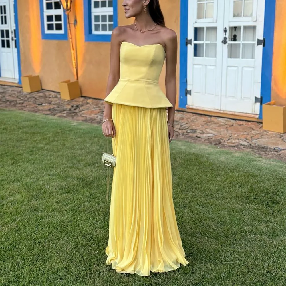 

Elegant Yellow Evening Dresses 2025 Women Pleats Strapless Floor Length A Line Luxury Party Dress Prom Gown High Quality