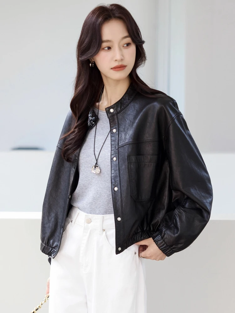 Oネックカジュアル本革ジャケット レディース 春秋 2025 高級 シンプル ソフトオイルワックス ブラック ショート 本革シープスキンコート