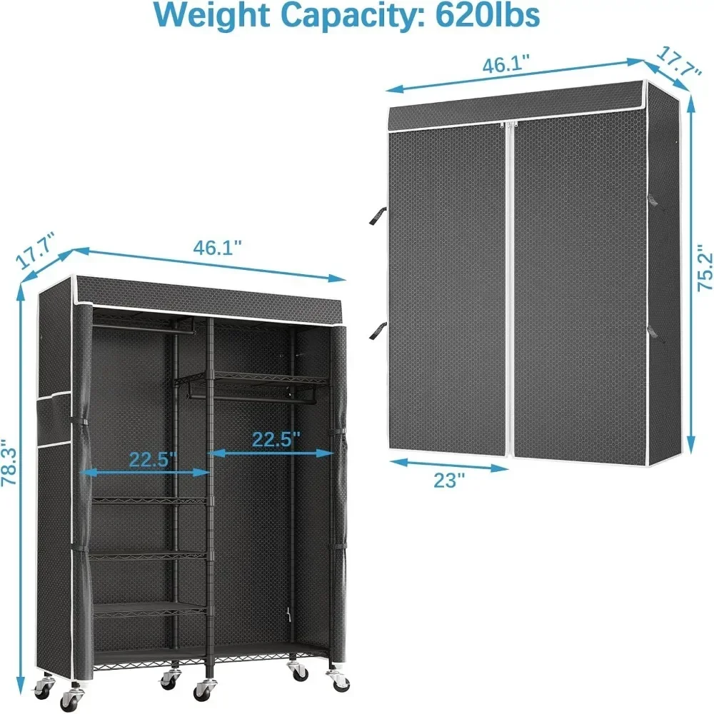 Draagbare kast Rollend kledingrek Heavy Duty verstelbare kledingkast Metalen kledingrek met afsluitbare wielen Zwart kledingrek