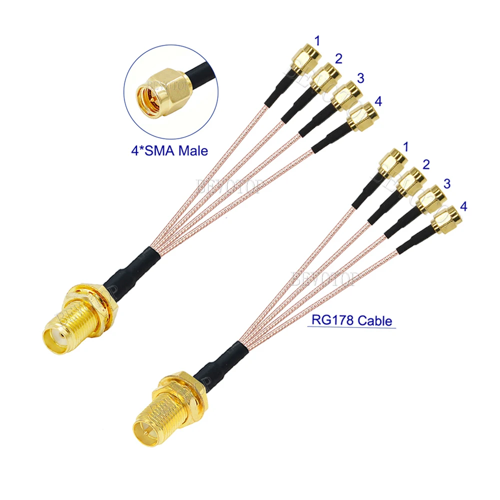 1PCS 1 x SMA/RP Female to 4x SMA Male Plug 1 to 4 SMA Splitter Cable RG178 Pigtail Jumper WIFI Antenna Extension Coaxial Cable