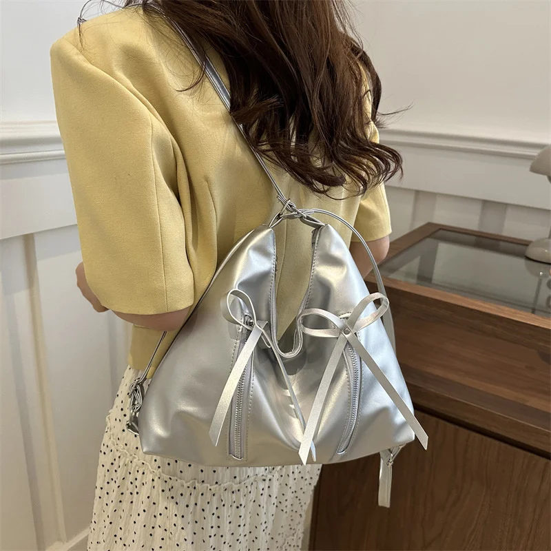 Bow Design PU Leather Shoulder Bag For Women Korean Fashion Underarm Bag Handbags Lady Silver Backpacks