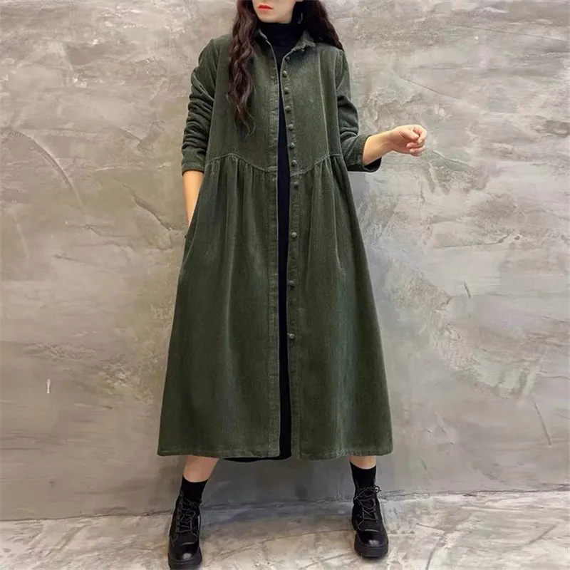 

Women Long Trench Coat Female Single-Breasted Long Sleeves Corduroy Outerwear Retro Fashion Spring Autumn Windbreaker Female