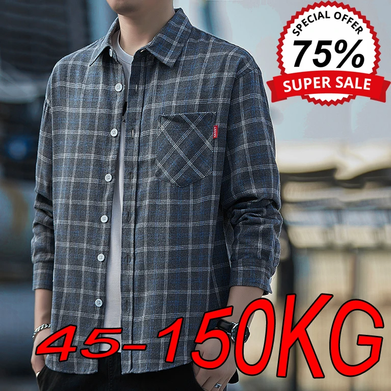 L-9XL Large Size Plaid Shirts Men's Spring and Autumn New Loose Fashion Thin Long-sleeved Shirts Oversized Lapel Button Jackets