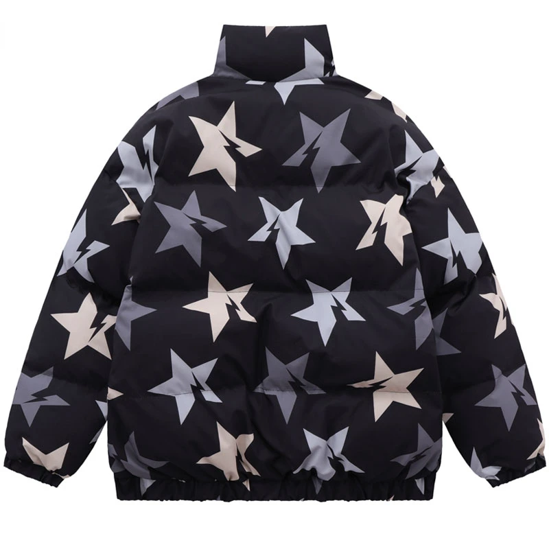 Hip Hop Winter Jacket Men Street Stars Print Y2K Streetwear Retro Thicken Bubble Down Coats Harajuku Fashion Windproof Parkas