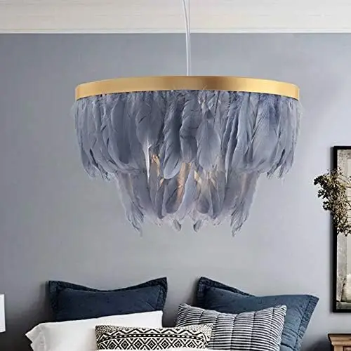 European Style Chandelier with Gray Feather Single Light Metal LED Pendant Lighting Modern Ceiling Hanging Light