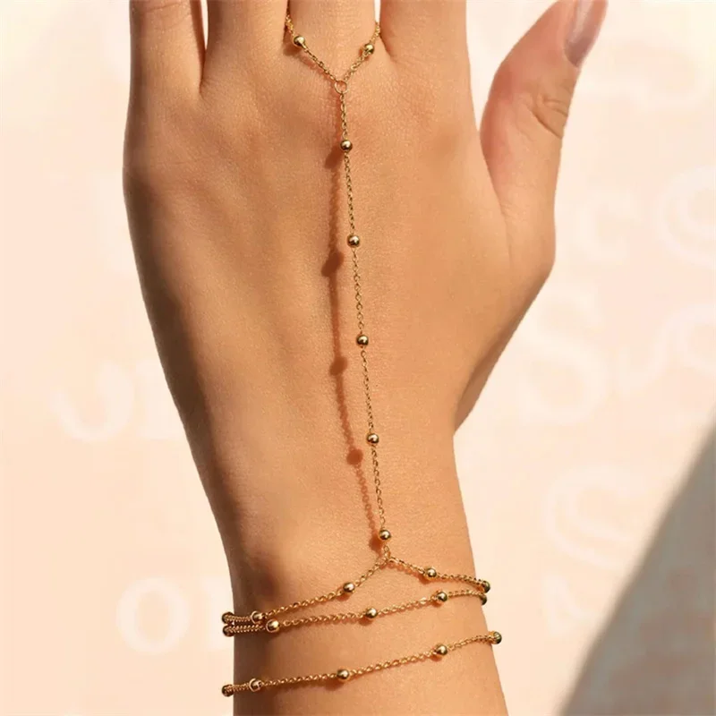 Minimalist Gold Color Thin Link Chain Bracelet Connected Finger Ring Bangle Bracelets for Women New Trend Hand Jewelry Accessory