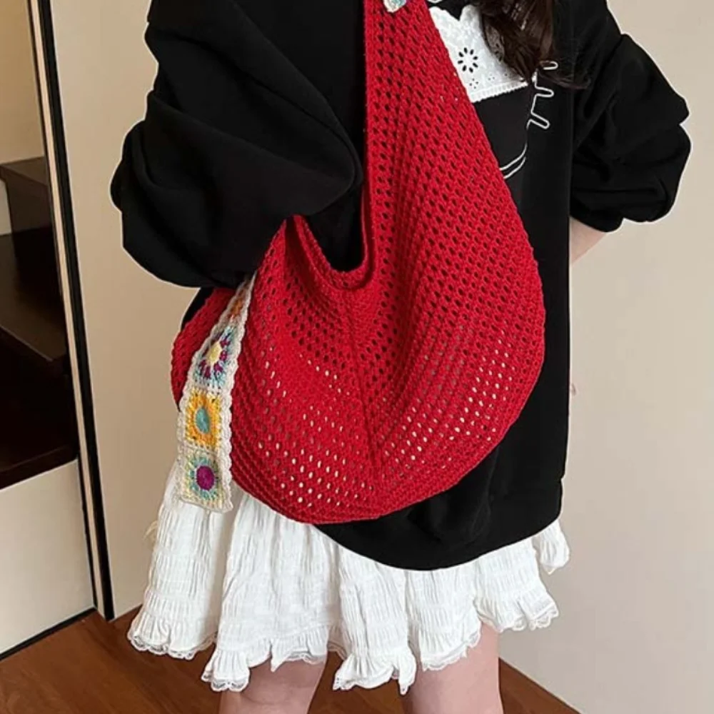 

Large Capacity Crochet Tote Bag Ethnic Style Flower Hollow Woven Bag Embroidered Strap Lightweight Knitting Handbag Beach