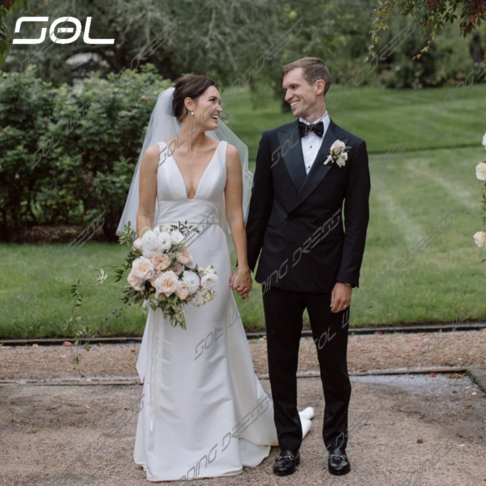 Vestido De novia De satén con cuello en V y tirantes finos para mujer, vestido De novia De línea a con lazo grande, Espalda descubierta, Simple, Sol