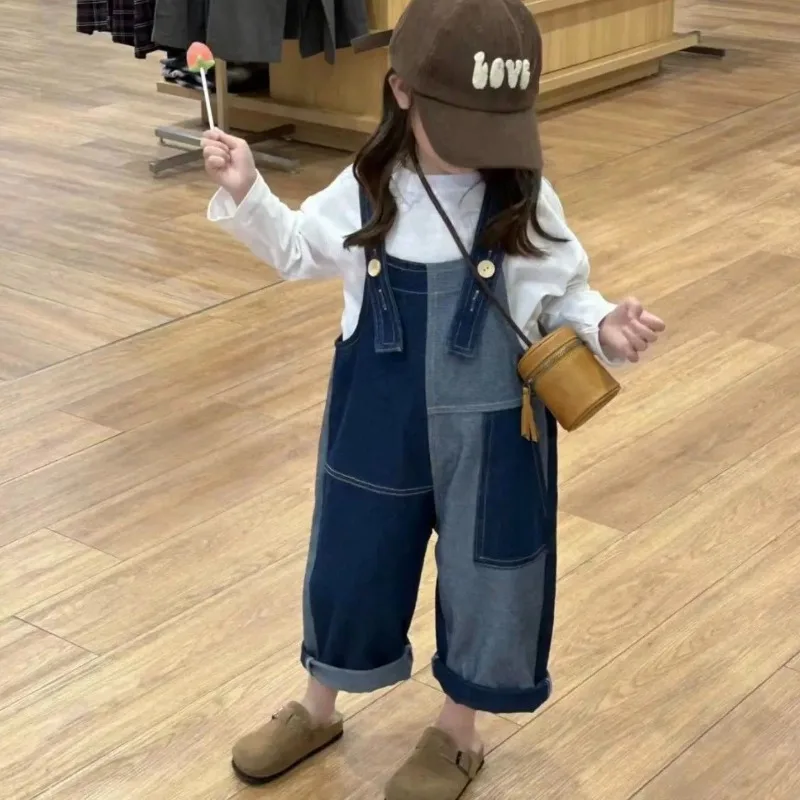 Children's Stylish Color Blocked Overalls 2026 New Korean Autumn Boys and Girls Loose Denim Long Pants Trend