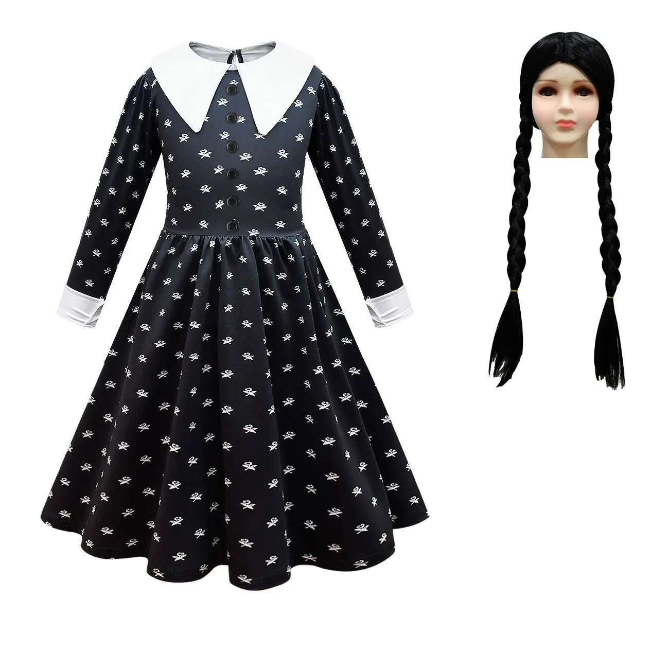 Kids Girls Movie Wednesday Addams Black Dress Bag Wig Set Outfit Children Princess Christmas Halloween Cosplay Costume