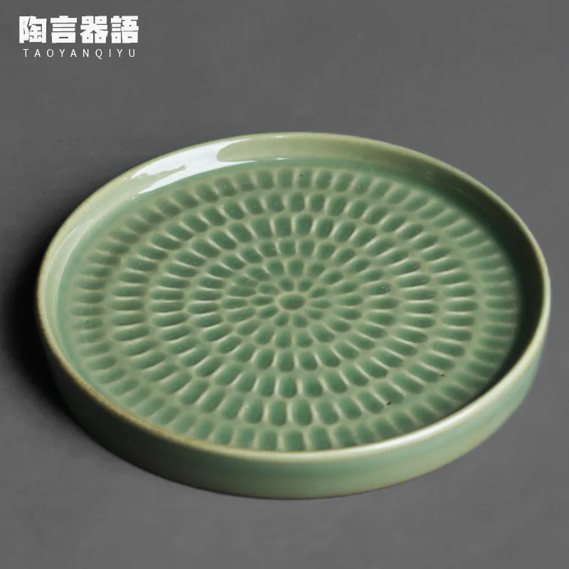 Secret color Yue kiln celadon hammer pattern plate teapot base handmade retro pottery multi-purpose fruit cake candy biscuit pla