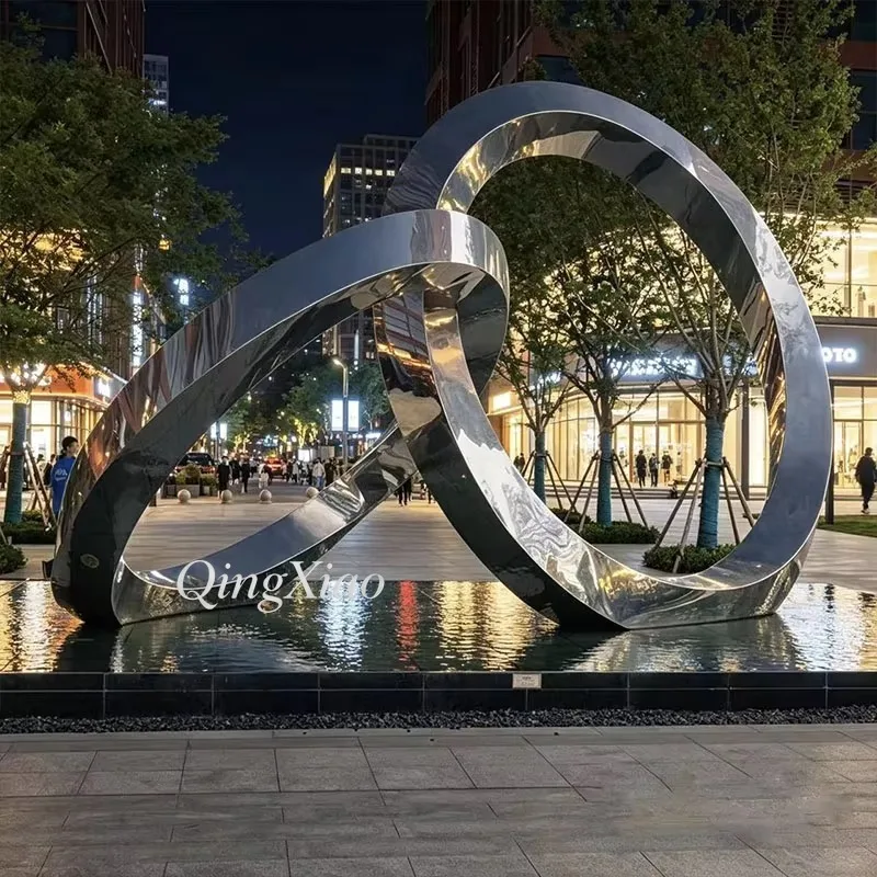 Mirror Polished Intertwined Double Ring Stainless Steel Abstract Sculpture Custom Hotel And Outdoor Garden Waterside Landscape