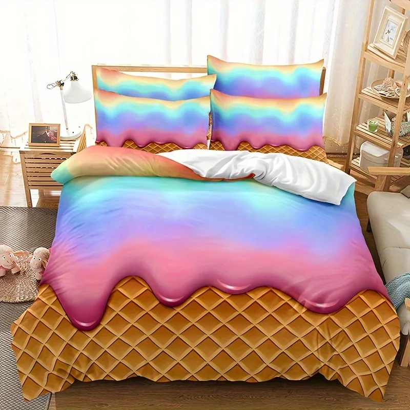 Realistic Rainbow Ice Cream Wafer Cone Duvet Cover 3D Fun Food Dessert Bedding Set Soft Comfortable Quilt Cover with Pollowcase