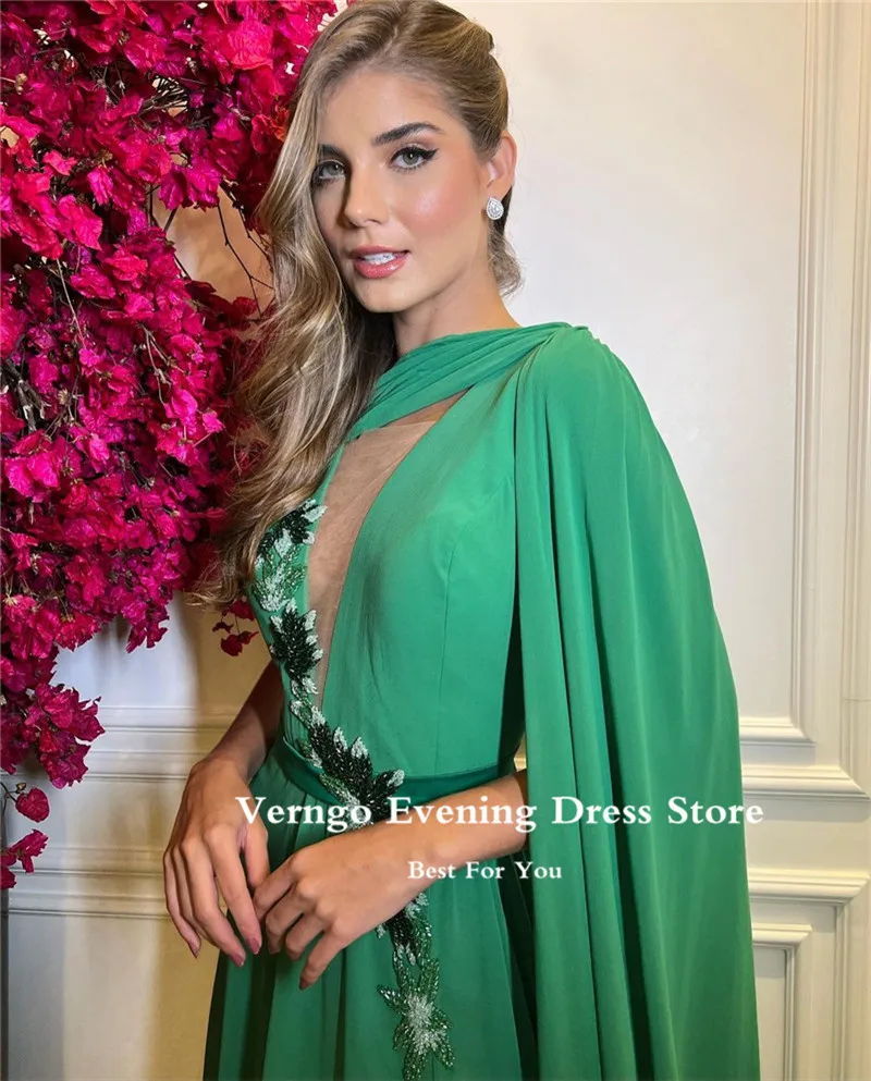 Verngo Green Chiffon Avondjurken Lange Cape Mouwen Applique Kralen Side Slit Arabisch Vrouwen Formele Party Dress Vestidoss