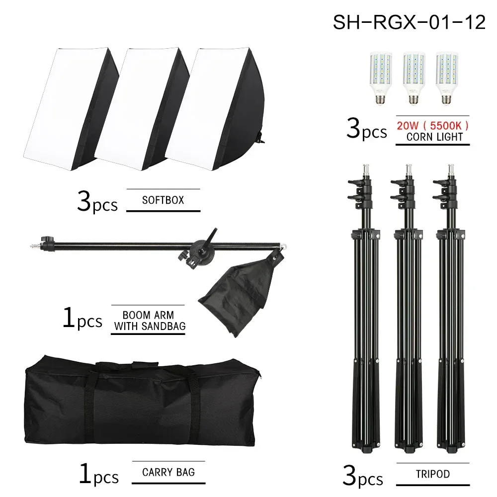 Kit d'éclairage continu professionnel pour studio photo avec trépied, ampoules photographiques E27 et bras transversal pour softbox 50x70CM