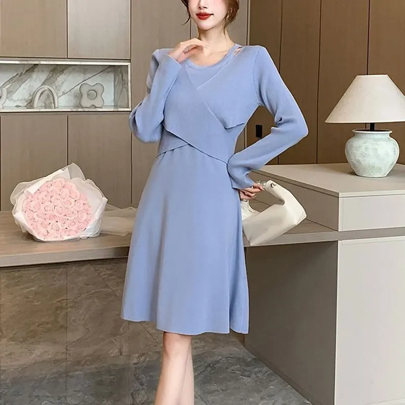 Fashion Cross Strap Midi Dress Women's Clothing Solid Color Basic Autumn Winter Fake Two Pieces Hollow Out Gentle A-Line Dresses