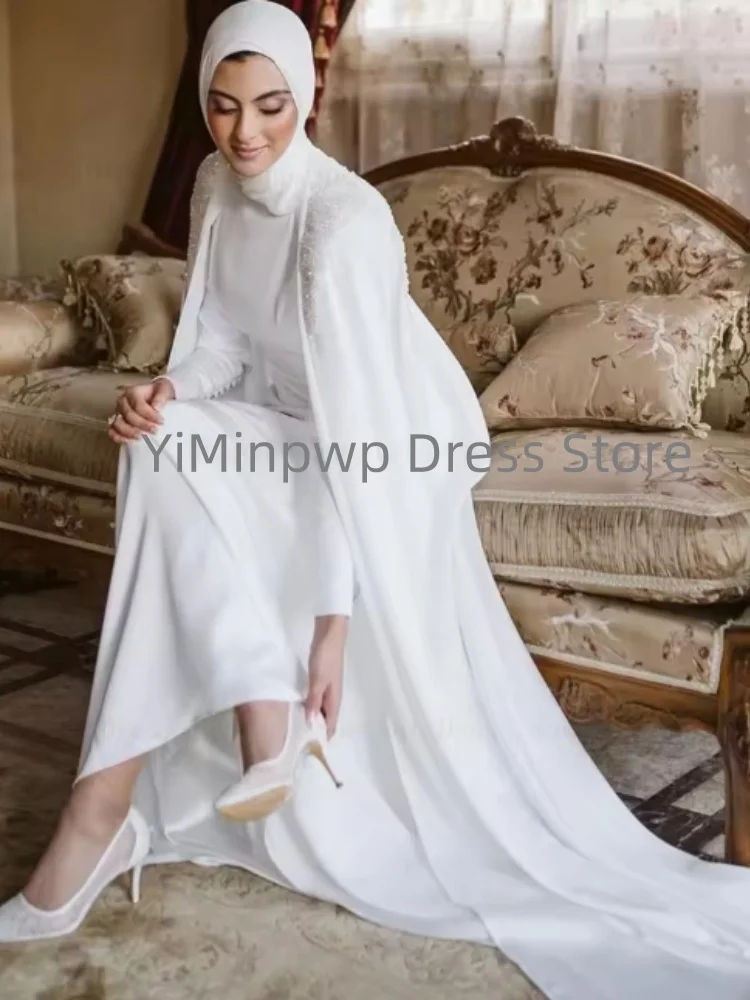 فساتين زفاف إسلامية مع حجاب بأكمام طويلة وياقة عالية فستان عروس على شكل حرف A مع زر مزين بالخرز فستان زفاف مخصص